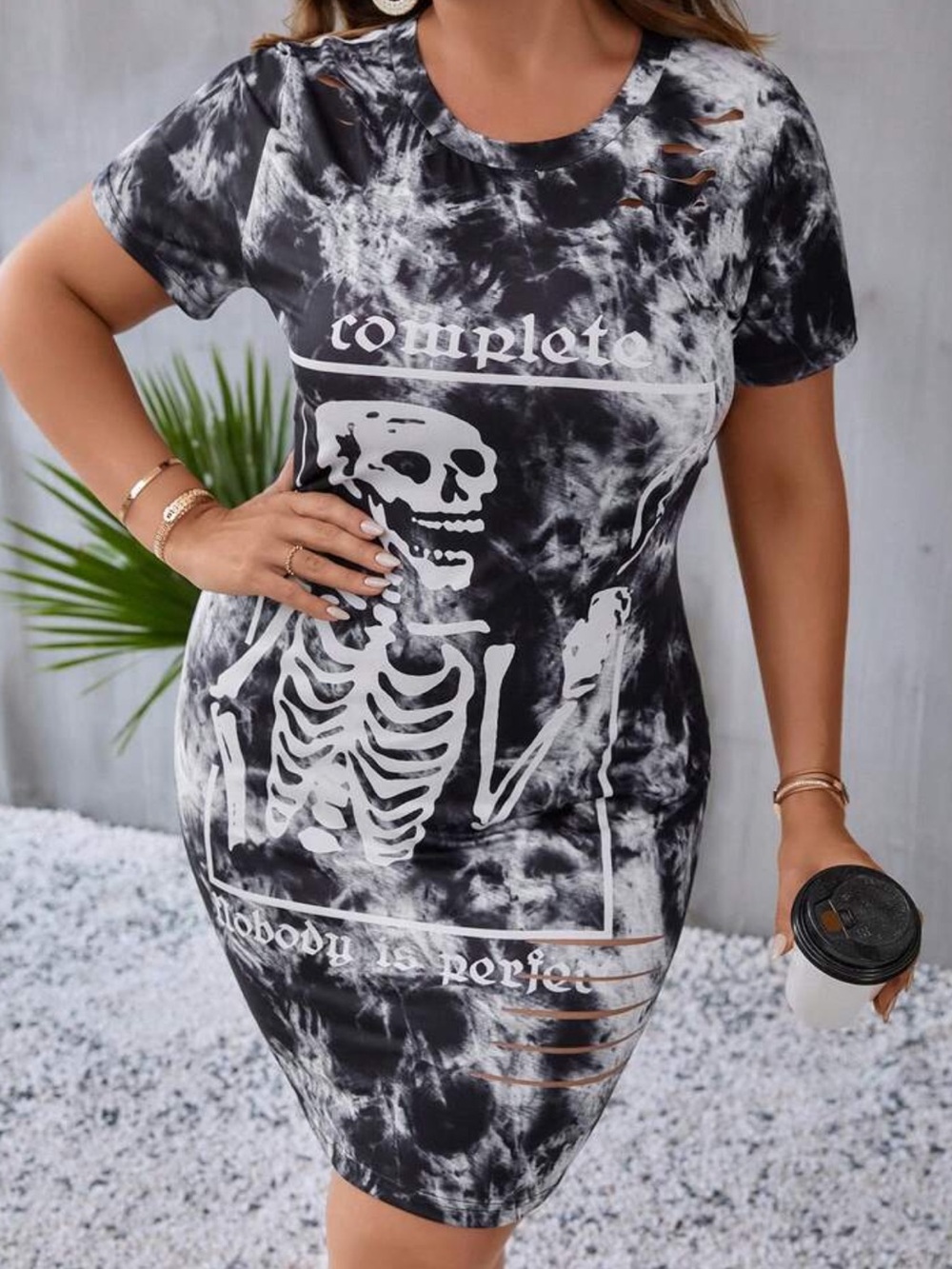🔴 SHEIN Black & White Tie-Dye Mini Dress with Skeleton Graphic